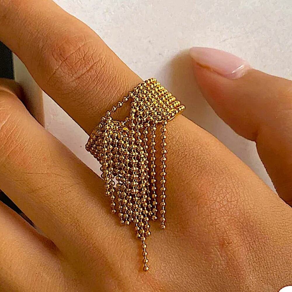 Gold Stainless Steel Tassel Ring Beaded Adjustable Fringe Cascading